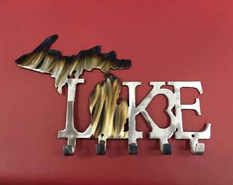 Lake 5 hooks. Heart. Michigan. Coat. Keys. Dog Leash. Hook. Gift. Housewarming. Home. Her. Him. Entryway. Kitchen.