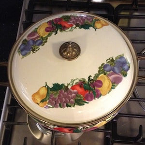 Enamelware  Pot from the 1990&#39;s Cream Colored with a Fruit Pattern