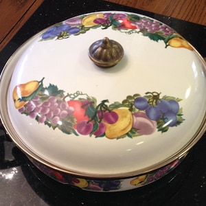 Enamelware Pot and Lid cream colored with fruit pattern