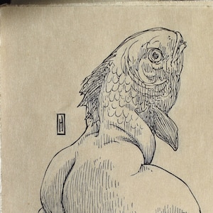 Mermaid linocut print: &quot;Wee Sea Maiden No. 3&quot;