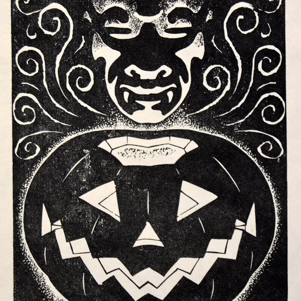 Impresión en linograbado de Halloween de James Mundie: "Samhain"