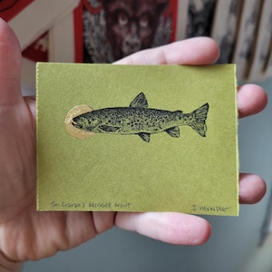 Gilded linocut print: "St. Ciarán's Blessed Trout"