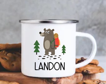 Kid Camp Mug Personalized  Custom Enamel Mug Bear Hiking Hot Cocoa