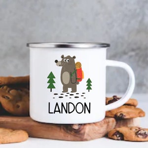 Kid Camp Mug Personalized  Custom Enamel Mug Bear Hiking Hot Cocoa