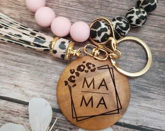 Mama Leopard Beaded Wristlet Keychain Bracelet