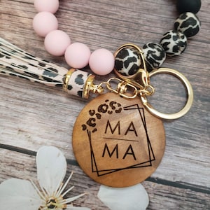 Mama Leopard Beaded Wristlet Keychain Bracelet