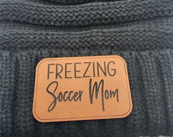 Freezing Soccer Mom Faux Leather Patch Beanie Knit Hat Winter Hat