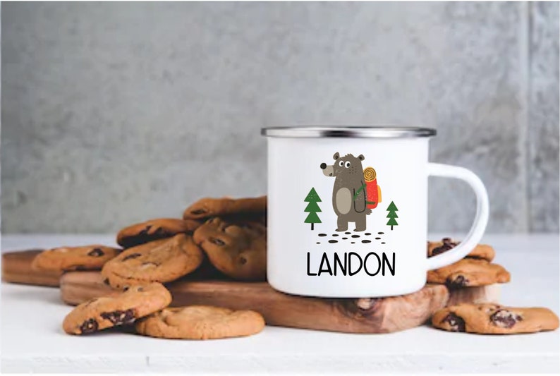 Kid Camp Mug Personalized Custom Enamel Mug Bear Hiking Hot Cocoa image 1