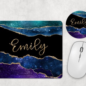 Personalized Galaxy Agate Gold Glitter Mouse Pad and Coaster Set
