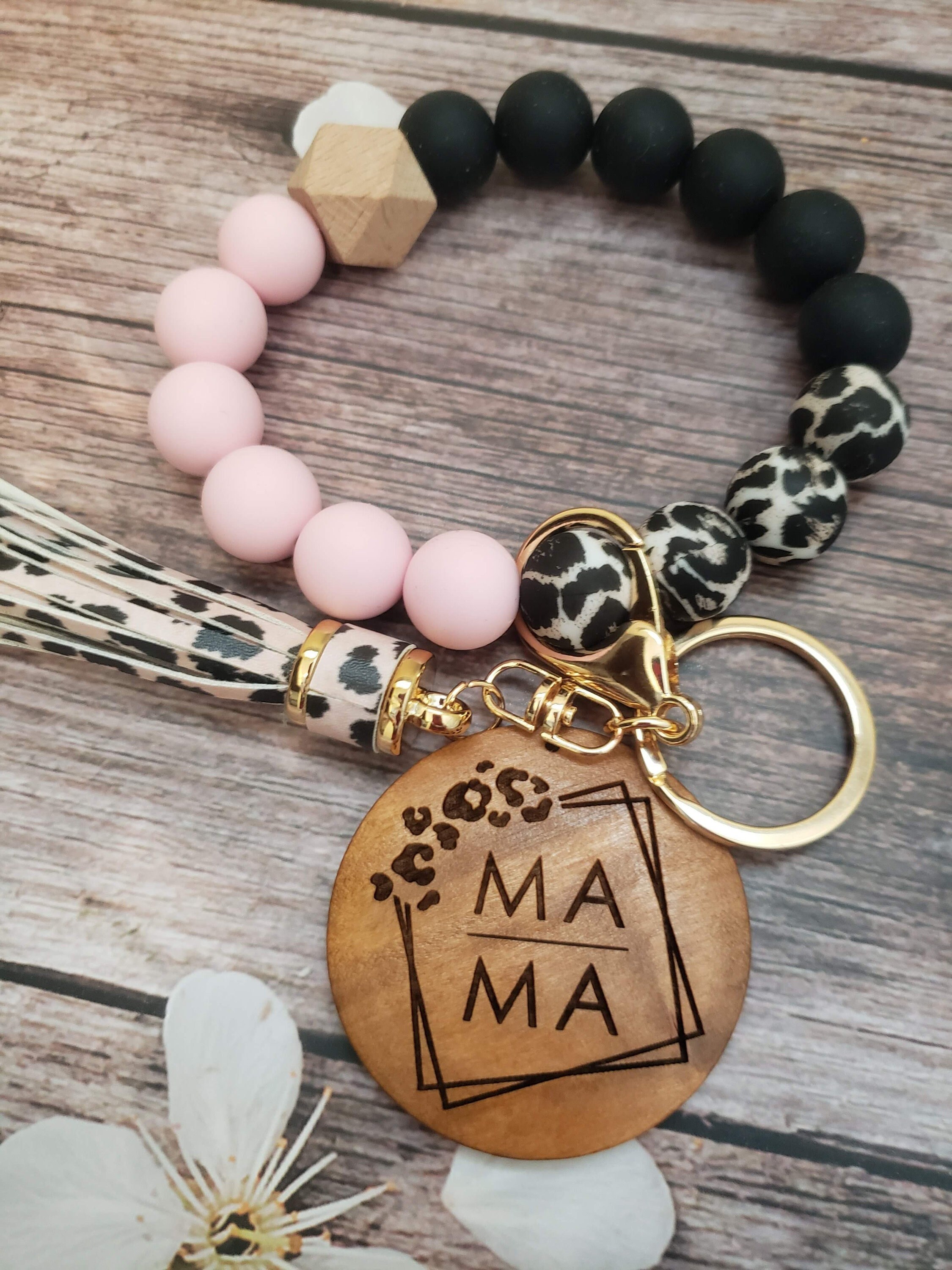 Black and Gold Bracelet Key Chain with Monogrammed Disc