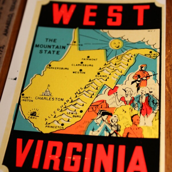 Vintage WEST VIRGINIA Souvenir State Map Travel Decal The Mountain State Charleston Huntington Collectible Suitcase decor w/ Instructions