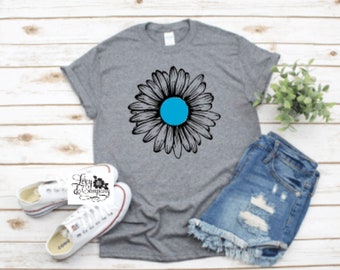 SUNFLOWER / DAISY Tee - Turquoise  and Black Floral FLOWER Fun  T-shirt