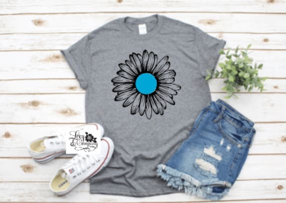 SUNFLOWER / DAISY Tee - Turquoise  and Black Floral FLOWER Fun  T-shirt