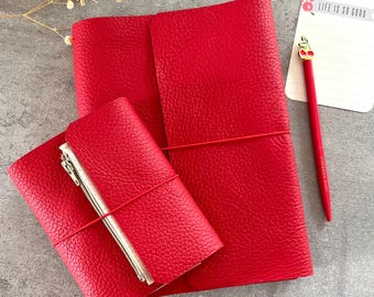 Tri-fold journal cover in genuine red Italian leather