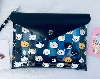 sticker holder, document holder in black imitation leather and PVC with cats