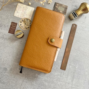 binder cover planner brown faux leather, vegan journal cover with button closure