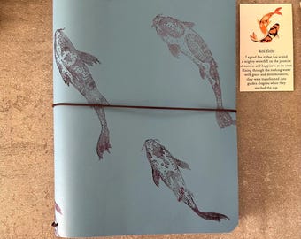 travelers notebook cover a5 size real blue leather koi fish, a5 planner journal cover pre order