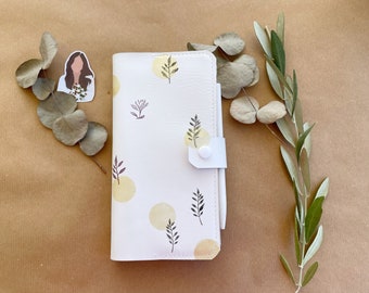 Funda de cuero Hobonichi Weeks blanca y dorada, funda de cuero floral para agenda, estuche Hobonichi Weeks Mega, diario de viaje pintado a mano