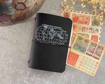 Cuaderno de viaje de bolsillo "Mapamundi" en piel auténtica.