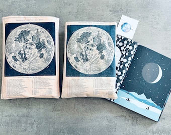 Protective book cover, planner case, book or magazine protector in moon-themed printed canvas and fauxleather, pre order