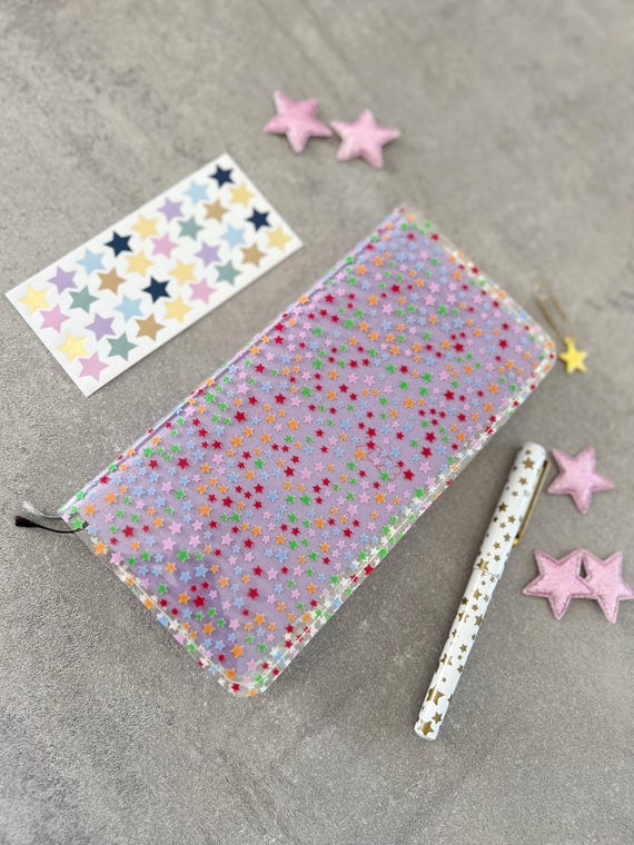 Clear Cover Diary with Pastel Stars, Elegant Hobonichi PVC Cover Weekly, Sterling Ink N2, Kinbor Diary