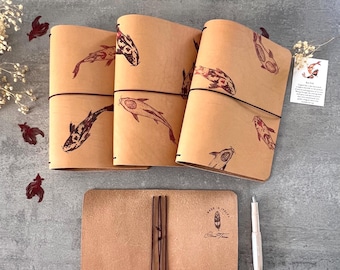 travelers notebook cover real leather koi fish, refillable a5 journal planner, a6 midori