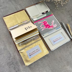 Travel Notebook Wallet Insert, additional zippered pockets in genuine gold, silver or blue metallic italian leather