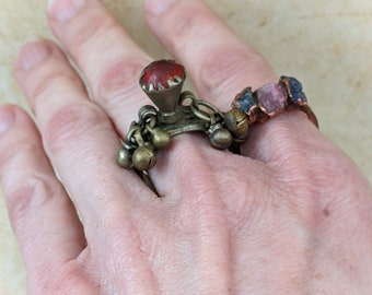 Vintage Kuchi Tribal Ring from Afghanistan Red Glass with Baubles Size 8.75 US (15919)