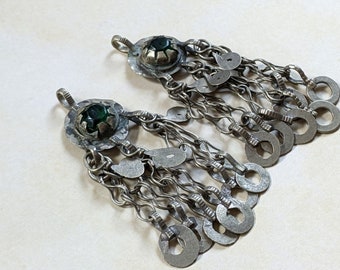 Tribal Pendants Vintage Pair Green Center Kuchi Jewelry DIY Supplies (15974)