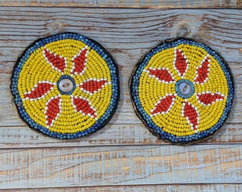 Beaded Flower Patch Kuchi Tribal Textile Adornment Pair 3.35" (15994)