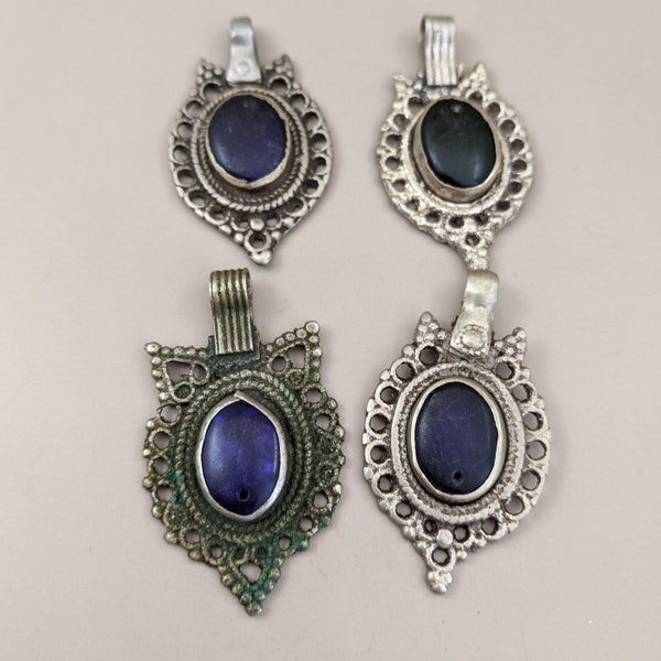 4x Vintage Waziri Tribal Pendants Dark Blue Glass Unique Ethnic Jewelry Pieces (15363)