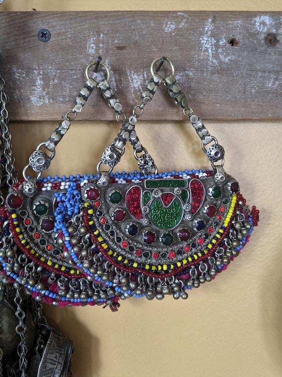 Pair INCREDIBLY LARGE Vintage Kuchi Tribal Hair Jewelry Pendants