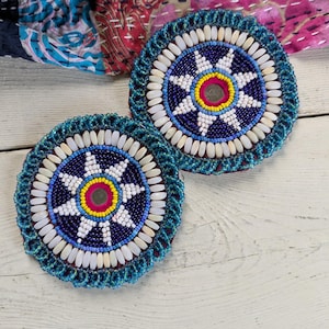 Kuchi Beaded Gul Patches Tribal Medallions White Flowers 4" (21578)