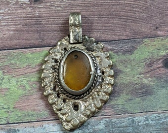 Tribal Pendant Vintage Waziri Focal Yellow Glass Center (15943)