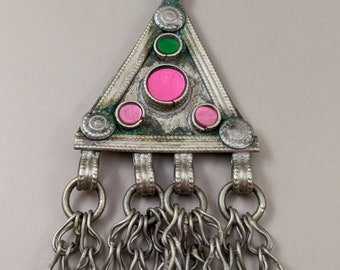 Kuchi Tribal Pendant Vintage Afghan Jewelry Focal Triangular Finding 5" Pink Center (#14991)