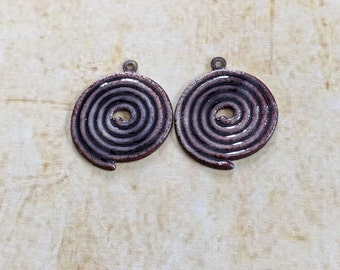 Artisan Enamel Spiral Charms Dark Purple and Ivory Rustic Pair Earring Components (#12498)