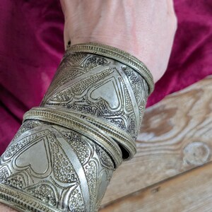 Vintage Hazara Hinged Cuff Pair Heart Talisman Menshera Tribal Jewelry 6.