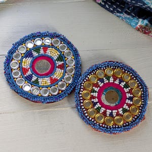 Beaded Tribal Patches Handmade Gul Flowers Non-Matching Pair Mirrored (21668)