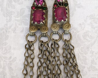 Vintage Tribal Afghan Pendants 7.25" Long with Jingling Accents Pink Settings Ethnic Inspired DIY Jewelry Supplies (#13175)