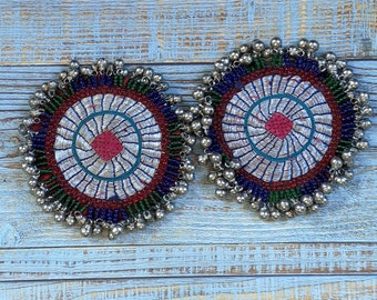 Tribal Patches with Bauble Accents Kuchi Textile Adornment Pair 3.75" (15991)