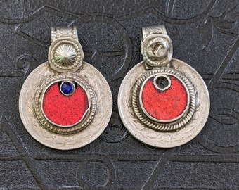 Pair Well-Worn Vintage Kuchi Tribal Coins Red Blue Crescent Moons Ethnic Jewelry (15844)