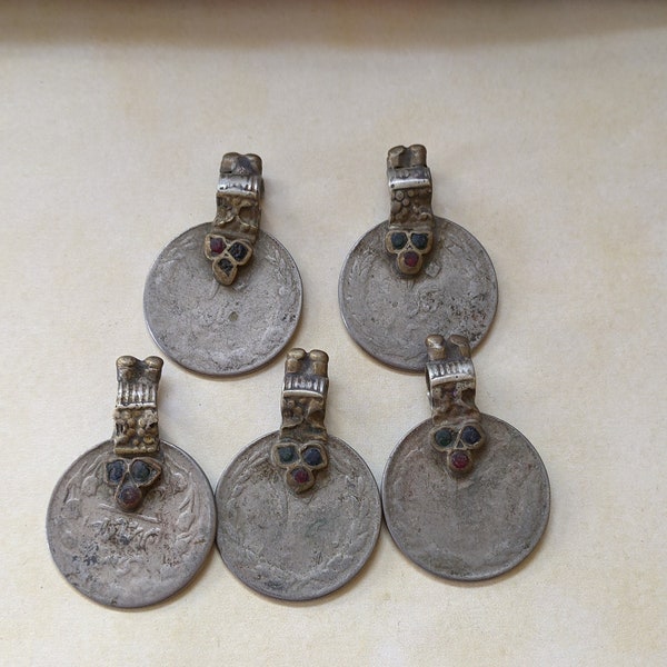 5x Very Rustic Vintage Tribal Coin Pendants Well-Traveled Old Waziri Findings (#14425)