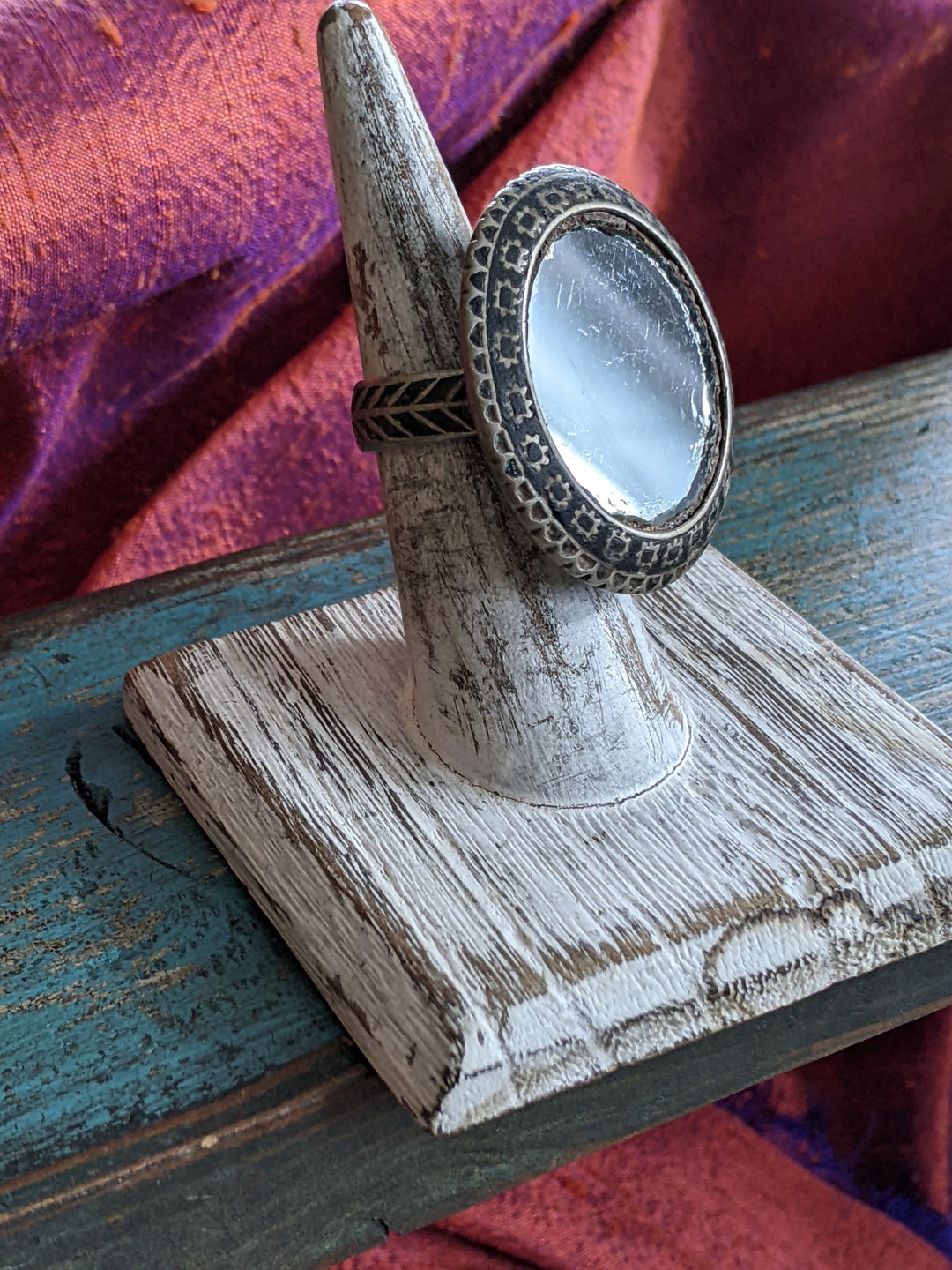 Multan Rong Vintage Old Multan Enamel Mirrored Ring .90 Silver Unique Jewelry Size ...