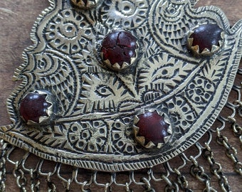 Vintage Kashmiri Pendant Tribal Jewelry Focal IRREGULAR Carnelian Cabochons (#12626)