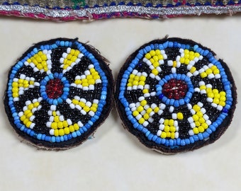 Beaded Flower Patches Pair 2.25" Kuchi Gul Medallions Black Yellow Red White (15998)