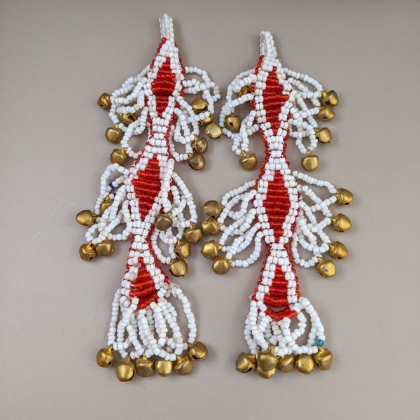 Matching Pair of Kuchi Beaded Tassels Handmade Nomadic Adornment 5.35" Red White (#14735)