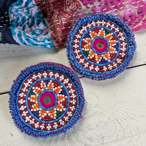 Kuchi Beaded Gul Patches Tribal Medallions Orange Flowers 3.35" (21581)