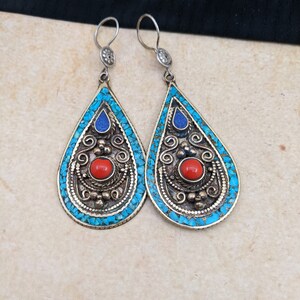 Ethnic Earrings Big HEAVY Droplets Sterling Ear Wire Silver Plated 3" (#13910)