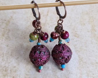 Plum Purple Artist Bead Earrings Unique Colors with Wrapped Gemstones 2" Long (#12693)