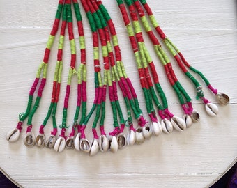 3 Kuchi Kochi Cowrie Shells Tribal Tassels 8.5" Red Yellow Hot Pink Green Colorful Fiber Arts (#12808)